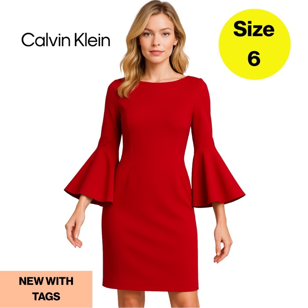NEW w TAGS 🏷️ CALVIN KLEIN Red Sheath Dress, Bell Sleeves (Women’s Size 6)